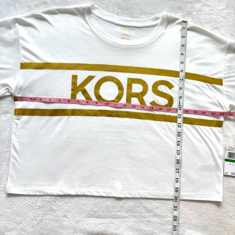 MICHAEL KORS White Cropped Short Sleeve T-Shirt with Metallic Gold Logo--L - Picture 13 of 13